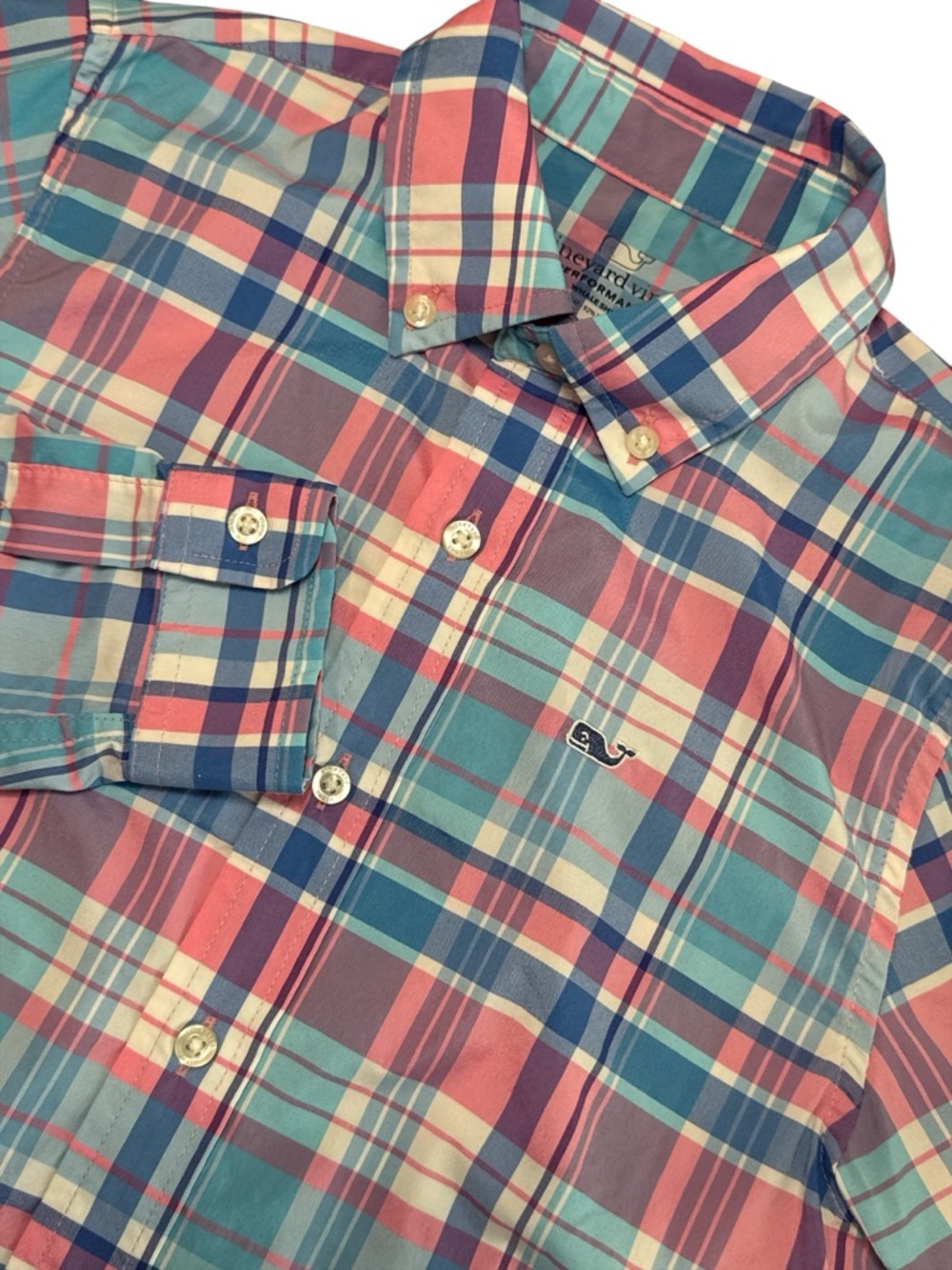 Vineyard Vines Performance Plaid Button Down Dress Shirt Pink/Blue/White Boys’ 7